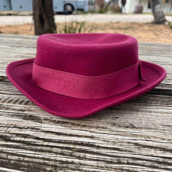 Vintage Nordstrom Magenta Wool Hat | Italy 90s Blossom Style Bow Boater Pork Pie - Picture 10 of 11